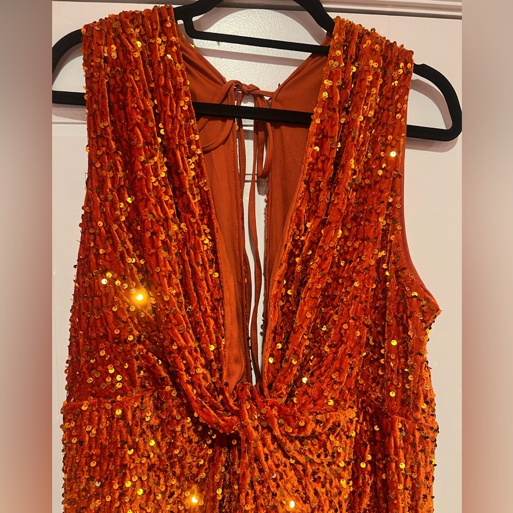 Orange Velvet Sequin Deep V Gown - Picture 5 of 7